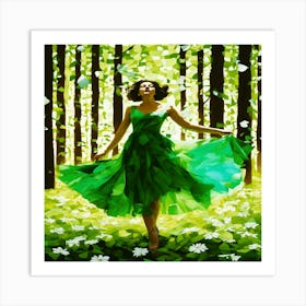 Girl In Green Dress In The Forest Art Print