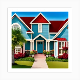 Tropical Illustration Of A Blue House Art Print