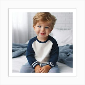 Little Boy Sitting On Bed Art Print