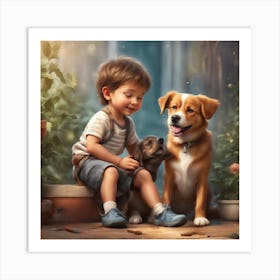 A beautiful and cute child plays with his dog Art Print