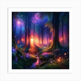 Imagine A Dense, Mystical Forest At Twilight, Where The Fading Light Of The Setting Sun Meets The Onset Of Night Art Print