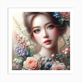 Korean Girl With Flowers Art Print