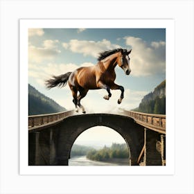 A Horse Jumping Over A High Bridge Art Print