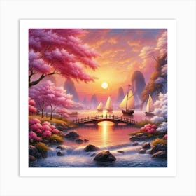 Asian Sunset With Sailing Boats and Cherry Blossoms Art Print