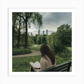 A Woman Reading Book In Central Park Art Print