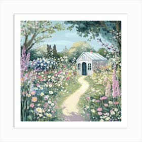 french garden scene with blooming flowers Art Print