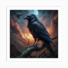 Raven Perched On A Branch Against A Dramatic Sunset Sky Art Print