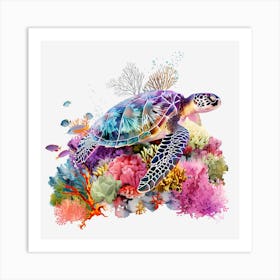 Sea Turtle On Coral Reef Art Print