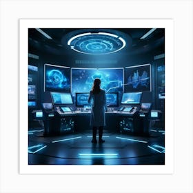 A Futuristic Control Room Showcasing Advanced Ai Powered Data Analysis Featuring An Array Of Comple (2) Art Print