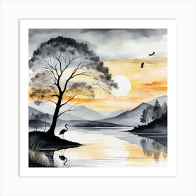 Heron scene in grey and gold 2 Art Print