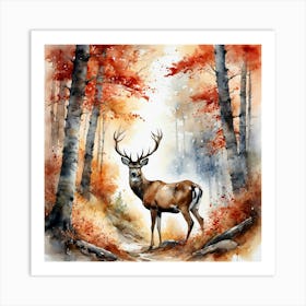 Autumn Forest Painted With Red Leaves And Deer Art Print