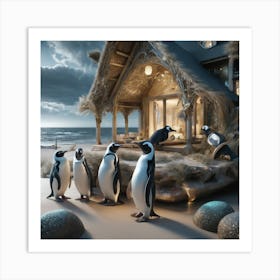 Penguins At The Beach 1 Art Print