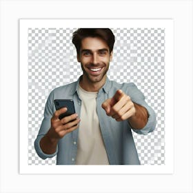 Happy Young Man Pointing At His Phone 1 Art Print