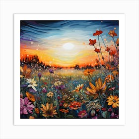 Sunset Over Wildflowers Art Print