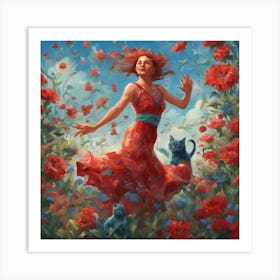 The cat and the dancing blue woman Art Print