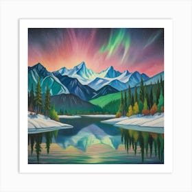 Aurora Over Snow Capped Peaks A Tranquil Mountain Reflection (5) Art Print