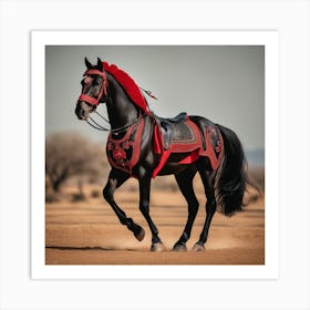 Lindo Caballo Negro Con Adornos Rojos Insolitos Art Print