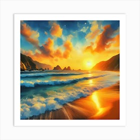 Generate An Impressionist Style Oil Painting Of A Stunning Beach During Sunset 2 Art Print