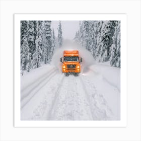 Orange Truck Driving Through Snowy Forest Art Print