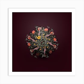 Vintage Sweetbriar Rose Botanical Wreath on Wine Red n.0147 Art Print