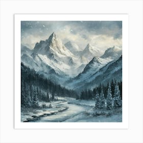 High Snow Covered Mountains And Falling Snow Art Print