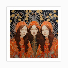 Three Women In Orange Art Print