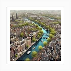 Amsterdam Canal Summer Aerial View Painting 2 Art Print