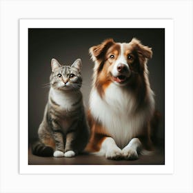 A Fluffy Tabby Cat Sits Next To A Brown And White Australian Shepherd Dog In A Studio With A Dark Background Art Print