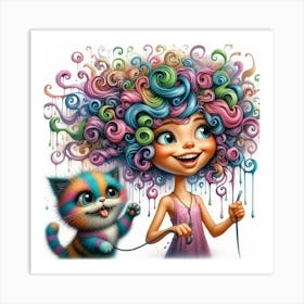 Girl And Her Cat Art Print