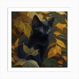 Black Kitten In Autumn Leaves 2 Art Print