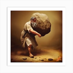 In Ancient Time Old Peasant Pushing Rock From A Dirt Roadwy Art Print