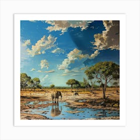 Elephants By The Waterhole Art Print