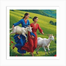 Two Women With Goats Art Print