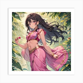 A girl having black hair and black eyes, wearing pink saree. Art Print