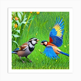 Two Birds Fighting In The Grass Art Print