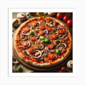 Pizza With Mushrooms And Tomatoes Art Print