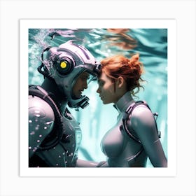 3d Dslr Photography Couples Inside Under The Sea Water Swimming Holding Each Other, Cyberpunk Art, By Krenz Cushart, Both Are Wearing A Futuristic Swimming With Helmet Suit Of Power Armor 2 Art Print