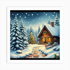 Christmas Cabin In The Woods Art Print