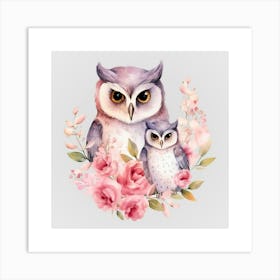 Watercolor Spring Mama And Baby Owls Art Print