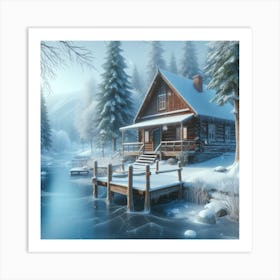 Winter Cabin By The Lake Art Print