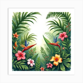 Lush Tropical Garden In Watercolor, With Exotic Flowers And Greenery Art Print