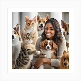 Portrait Of A Woman With Pets Art Print