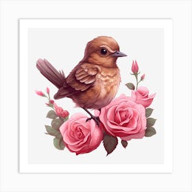 Bird On Roses 1 Art Print