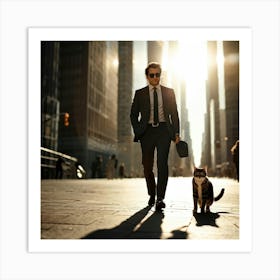 Businessman Wearing Sunglasses Accompanied By A Cat Playing At His Feet Downtown Skyscrapers Loomin (7) Art Print