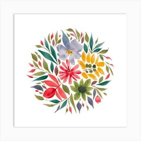 A Watercolor Painting Of Colorful Flowers And Le (4) (1) Out Art Print