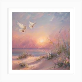 Doves Flying At Sunset Art Print