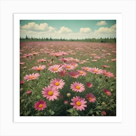 Colorful Daisies In A Foggy Field At Sunrise Art Print