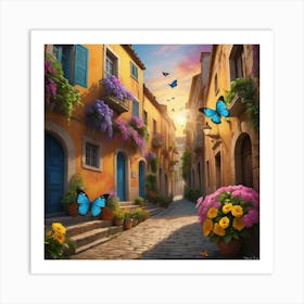 Street Scene With Butterflies Art Print