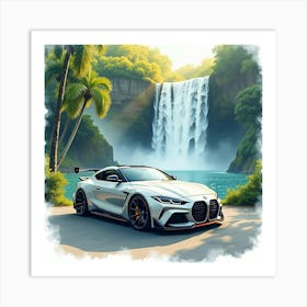 Stylish Car By A Tranquil Waterfall, Watercolor Painting 1 Art Print