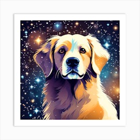 Golden Retriever in a starry night, colorful dog illustration, dog portrait, animal illustration, digital art, pet art, dog artwork, dog drawing, dog painting, dog wallpaper, dog background, dog lover gift, dog décor, dog poster, dog print, pet, dog, vector art, dog art, golden retriever  Art Print